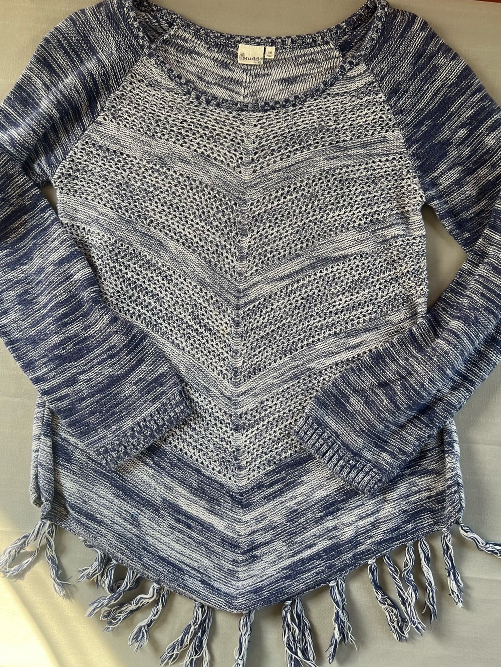 Mudd Blue Marled Fringe Knit 100% Cotton Sweater Size 16